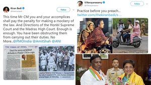 டுவிட்டரில் போரை தொடங்கிய கிரண்பேடி, நாராயணசாமி... பதிலுக்கு பதில் புகைப்படங்களை வெளியிட்டு மோதல்...