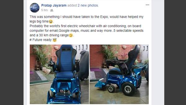 ஏசி வசியுடன் உலகின் முதல் மின்சார வீல் சேர்: மந்த்ரா ரேஸிங் நிறுவனம் அசத்தல்! ஏசி வசியுடன் உலகின் முதல் மின்சார வீல் சேர்: மந்த்ரா ரேஸிங் நிறுவனம் அசத்தல்!