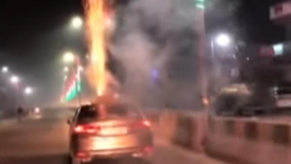 வைரலாகும் வீடியோ... காரின் சன் ரூஃப் வழியாக ராக்கெட் லான்ச் செய்த 'விஞ்ஞானிகளை' போலீஸ் தேடுகிறது...