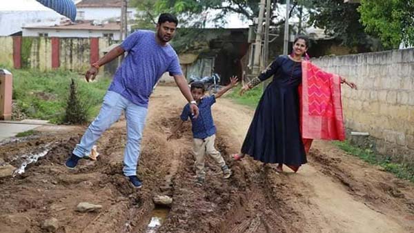 குண்டும் குழியுமாக மோசமான சாலை... அரசாங்க கவனத்தை ஈர்க்க ஃபோட்டோஷூட் நடத்திய இளம் தம்பதி!