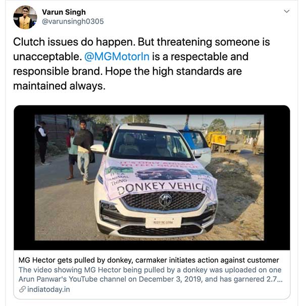 கழுதையை வைத்து சர்ச்சையை ஏற்படுத்திய ஹெக்டர் உரிமையாளர்... அடிபணிந்த எம்ஜி..!