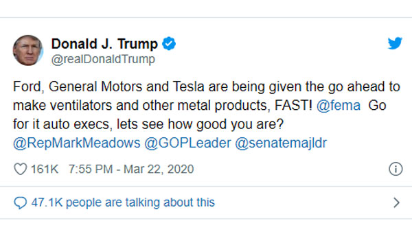 கொரோனா அச்சம்... ஃபோர்டு, டெஸ்லா, ஜிஎம் நிறுவனங்கள்மீது ட்ரம்ப் புகார்...