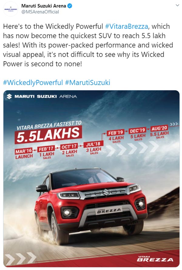 வெறும் 4.5 ஆண்டுகளில்... 5.5 லட்சம் மாருதி விட்டாரா பிரெஸ்ஸா காம்பெக்ட் எஸ்யூவி கார்கள் விற்பனை...