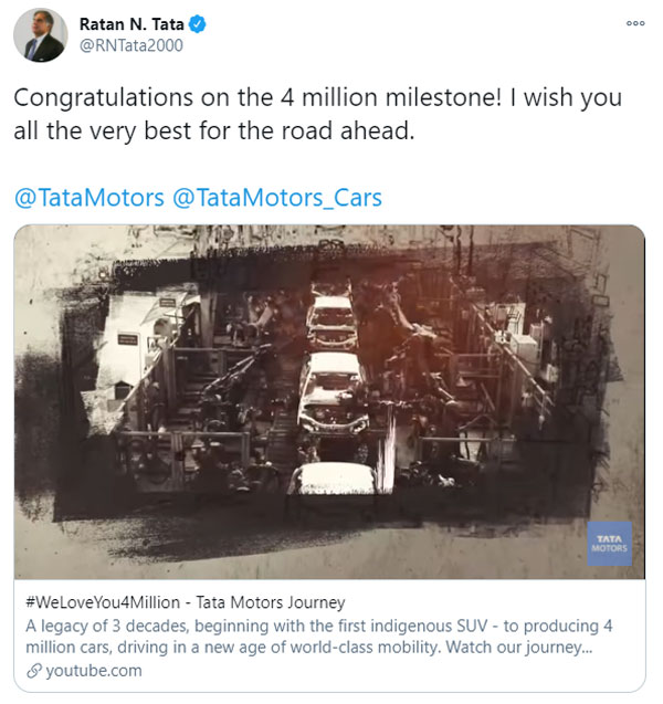 இந்திய மக்களுக்கு பாதுகாப்பான கார்கள்... டாடா மோட்டார்ஸ் நிறுவனத்தை பாராட்டிய ரத்தன் டாடா...