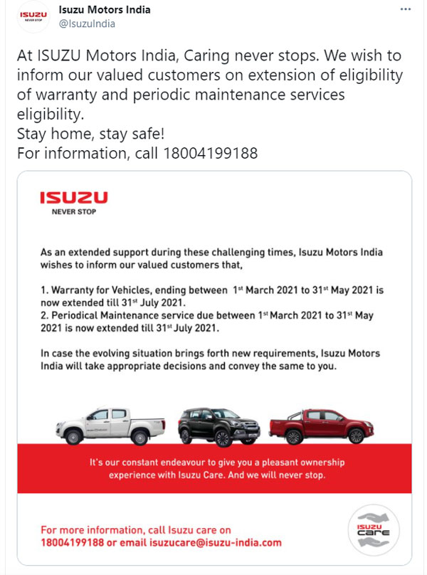 தொடரும் ஊரடங்கு... வாகனங்களுக்கான உத்தரவாத காலத்தை அதிகப்படுத்தியது இசுஸு!!