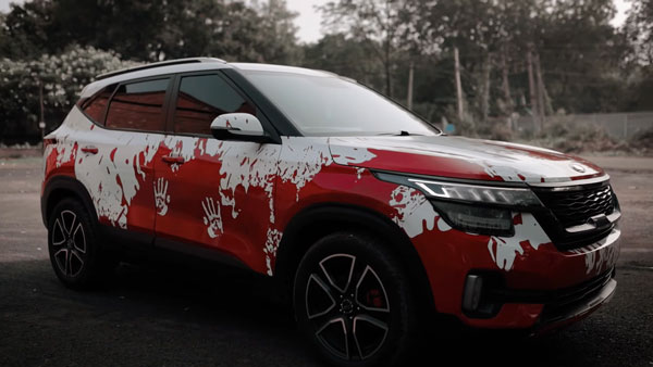 பேய் படத்திற்காக புதிய கெட்டப்பை பெற்ற கியா செல்டோஸ் கார்!! 1000 காருக்கு மத்தியில் நின்றாலும் தனியா தெரியும்