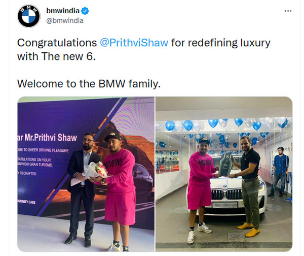 IPL முடிச்சிட்டு இந்தியா வந்த கையோடு புதிய BMW காருடன் பிரித்வி ஷா!! ஷோரூம் விலையே ரூ.70 லட்சத்தை தாண்டுது