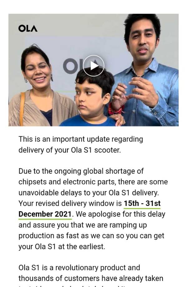 டெலிவரி தொடங்க இன்னும் சில நாட்கள் ஆகுமாம்... Ola அறிவிப்பு! என்ன சொல்றீங்க இன்னும் இத்தன நாட்கள் ஆகுமா?