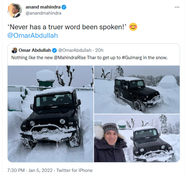 மஹிந்திரா தாரை வெகுவாக புகழ்ந்து தள்ளிய முன்னாள் ஜம்மூ & காஷ்மீர் முதல்வர்!! ஆனந்த் மஹிந்திரா மகிழ்ச்சி!