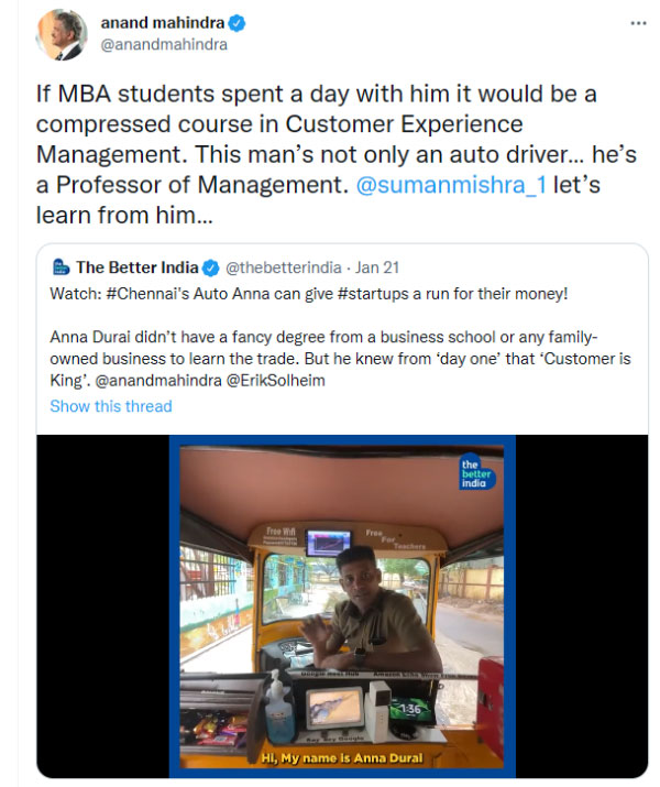 சென்னையில் இப்படியொரு ஆட்டோ டிரைவரா!! ஆனந்த் மஹிந்திராவை கவர்ந்துட்டாரு... செம்ம ஐடியாஸ்!