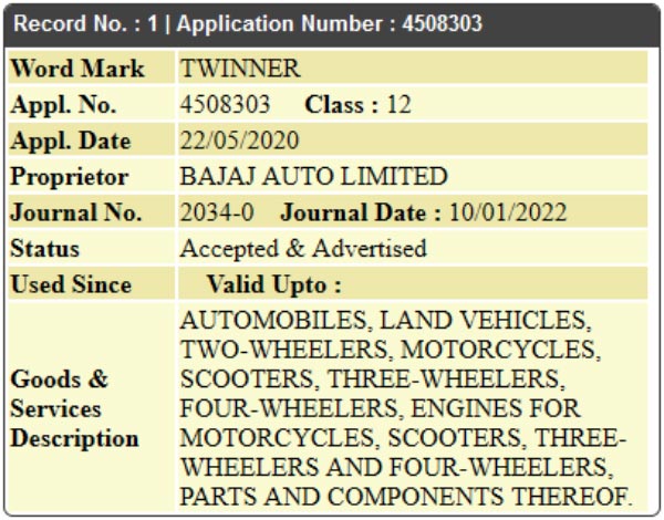 ‘ட்வின்னர்’ என்கிற பெயரில் பஜாஜ் பைக்கா? பெயருக்கான உரிமையை பெற்றது!! எந்த மாதிரியான வாகனமாக இருக்கும்?