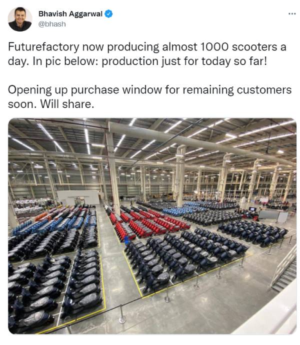 நாள் ஒன்றுக்கு 1,000 இ-ஸ்கூட்டர்களை தயாரிக்கும் ஓலா எலக்ட்ரிக்!! முன்பதிவு செய்தவர்கள் செம்ம குஷி!