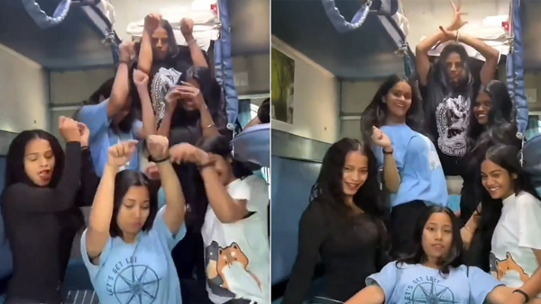 girls dance in moving train