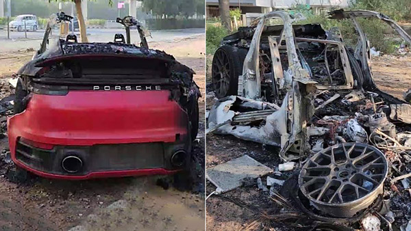 porsche 911 car bursts into flames