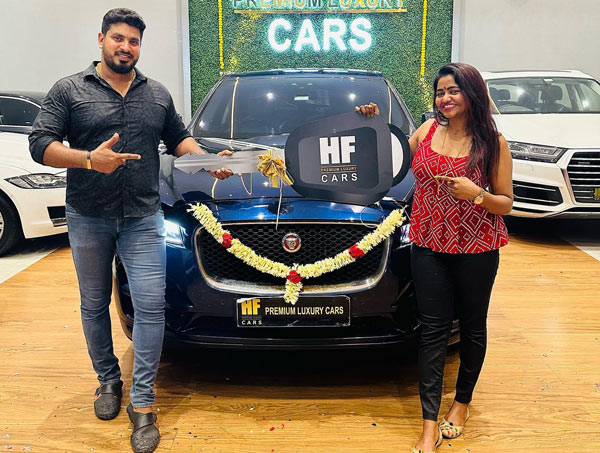 Shalu shamu with jaguar f pace luxury car