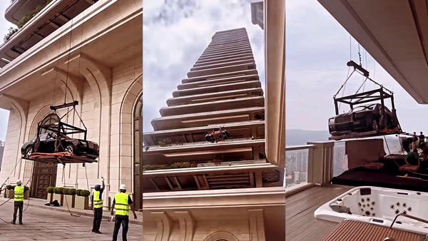 rolls royce car lifted 44th floor video