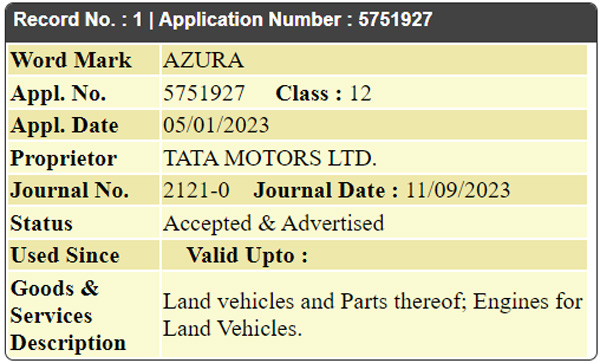 Tata Azura Name Registered