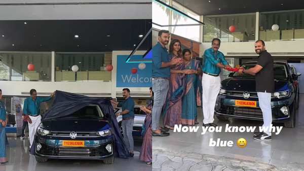 Family Wears Blue Colour Dress To Take Delivery Of A Blue Volkswagen Virtus