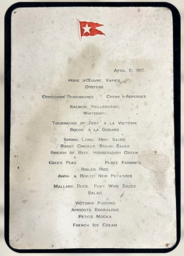 Titanic first class dinner menu