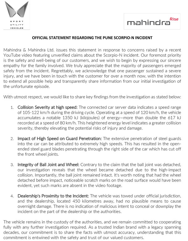 pune incident mahindra official statement pune incident mahindra official statement