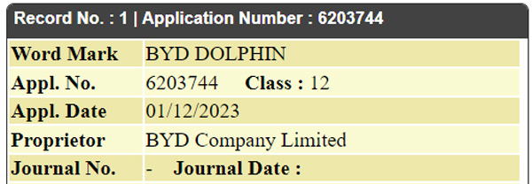 BYD dolphin electric car trademarked