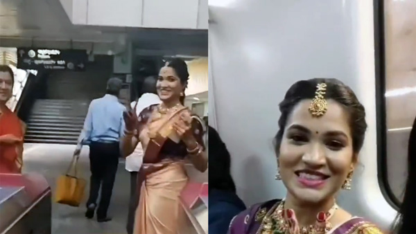 Bride uses metro train to reach wedding venue Bride uses metro train to reach wedding venue
