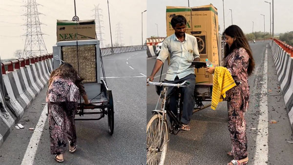 Woman Helps Cycle Rickshaw Driver Woman Helps Cycle Rickshaw Driver