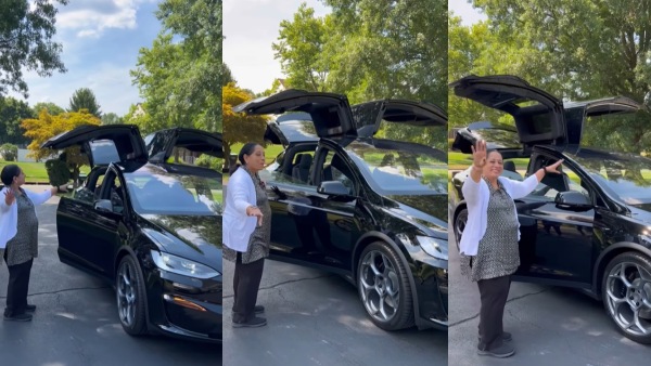 Satyapriya bhagavatula shows her son s tesla model x electric car Satyapriya bhagavatula shows her son s tesla model x electric car