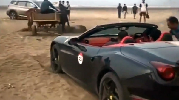 Ferrari California Stuck On Beach Rescued By Bullock Cart