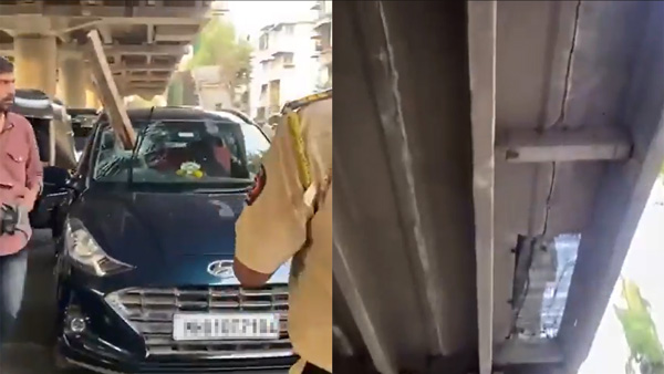 Concrete beam pierces car windscreen