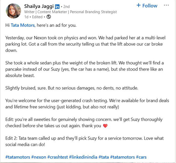 Tata nexon owner impressive post after accident