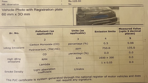 Chevrolet Beat PUC Certificate