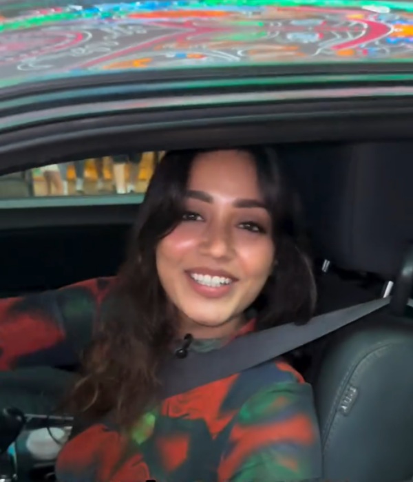 actress nivetha pethuraj spotted in dodge challenger sports car