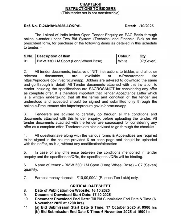 lokpal of india ordered bmw 330li luxury cars