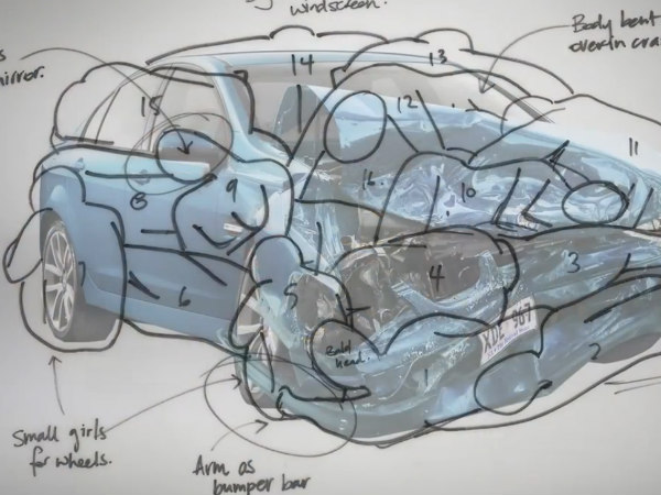 బాడీ పెయింట్ చేసిన వారితో కార్ క్రాష్ ఆర్ట్