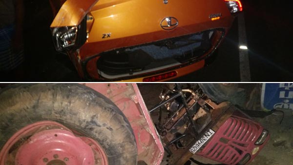 టియాగో కారు ఢీకొట్టడంతో రెండుగా చీలిపోయిన ట్రాక్టర్