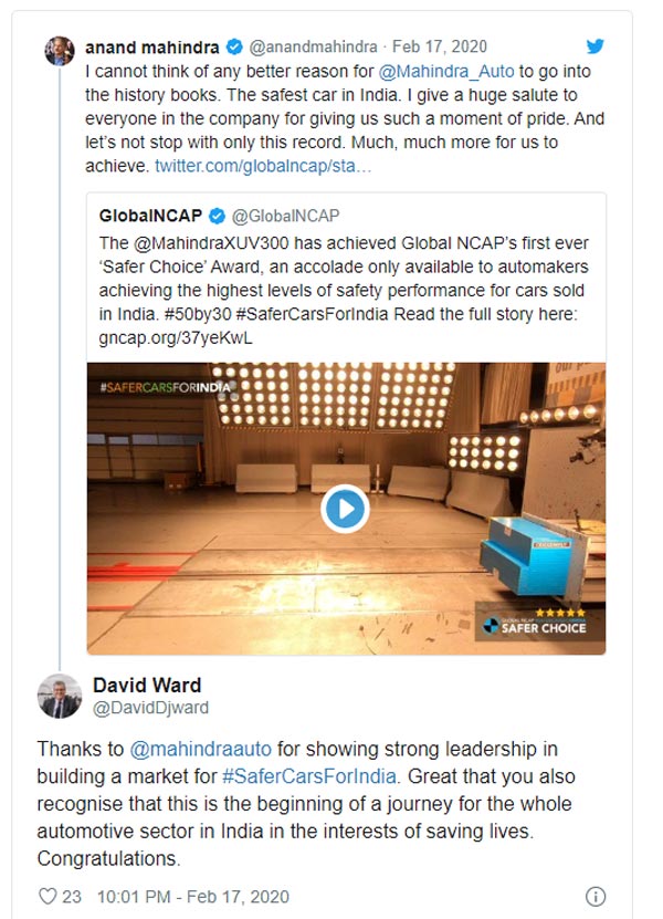 గ్లోబల్ సేఫర్ ఛాయిస్ ఆవార్డ్ పొందిన తొలి ఇండియన్ కారు: మహీంద్రా ఎక్స్‌యూవీ300