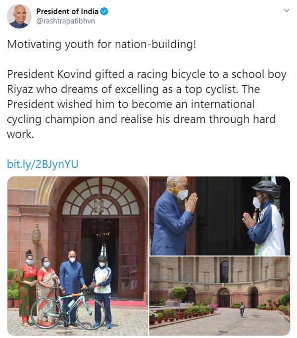 సైక్లిస్ట్ కల సహకారం చేసుకోవడానికి స్కూల్ విద్యార్థికి సైకిల్ గిఫ్ట్ ఇచ్చిన భారత రాష్ట్రపతి
