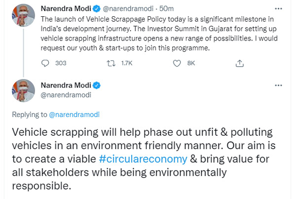 నేడు వెహికల్ స్క్రాపేజ్ విధానాన్ని ప్రారంభించనున్న ప్రధాని మోదీ