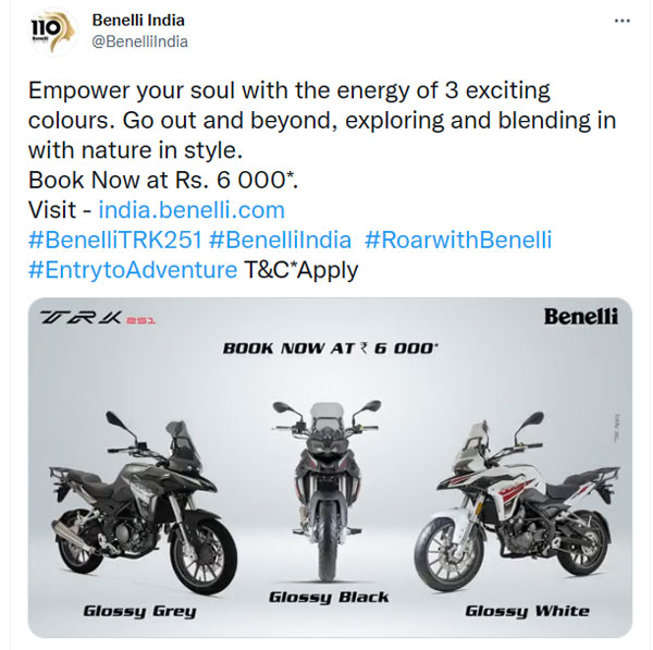 భారత్‌లో Benelli TRK 251 బైక్ కోసం బుకింగ్స్ ప్రారంభం; కేవలం రూ. 6,000 లకే..