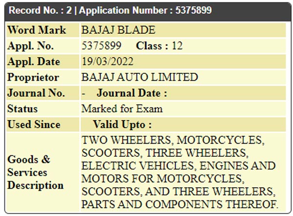 బజాజ్ బ్లేడ్ (Bajaj Blade) పేరు కోసం ట్రేడ్‌మార్క్ దాఖలు.. ఇది కొత్త ఎలక్ట్రిక్ టూవీలరా..?