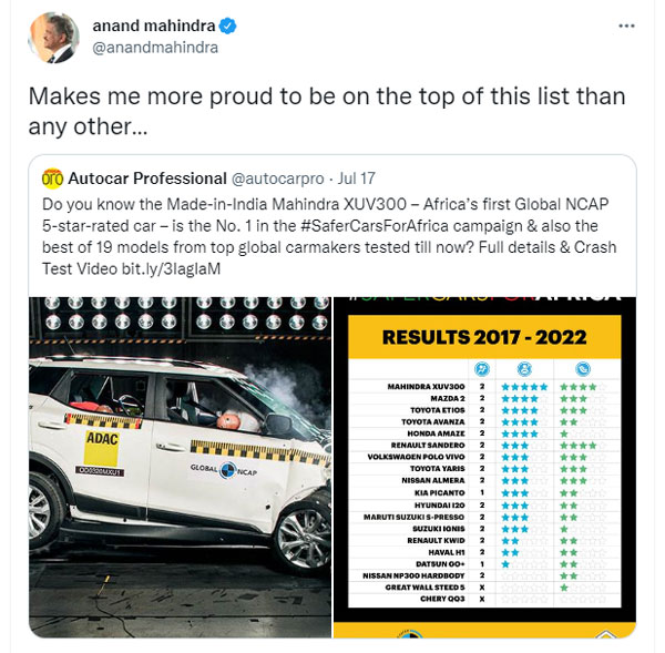 మహీంద్రా ఎక్స్‌యూవీ300: భారతదేశంలోనే కాదు ఆఫ్రికాలో కూడా అత్యంత సురక్షితమైన కారు!