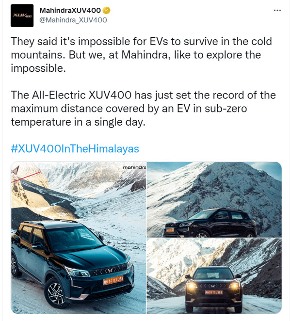 మంచు కొండల్లో మహీంద్రా XUV400 EV అరుదైన రికార్డ్