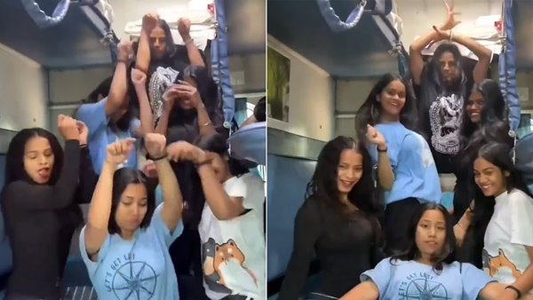 group of girls dancing in a train 