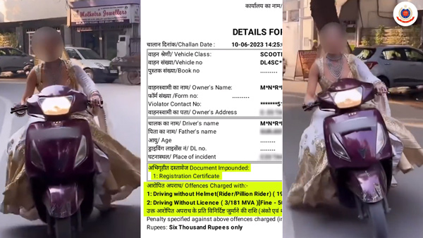 Delhi Bride fined for Riding scooter without helmet 
