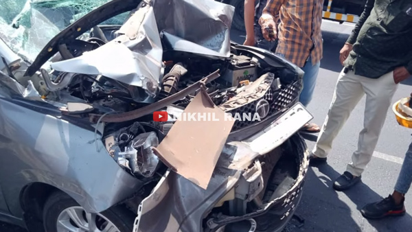 tata tiago car heavily damaged after crashed by two trucks 