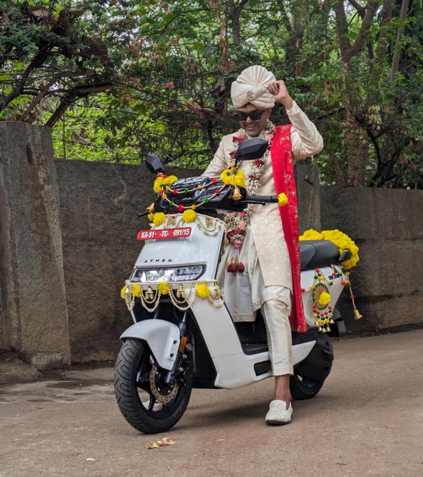 Bengaluru Groom Rides Ather Rizta Electric Scooter