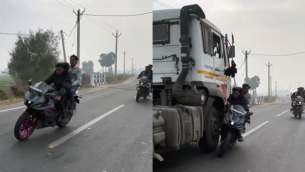 Biker Going Rash Driving Hit The Oncoming truck And Fell Down